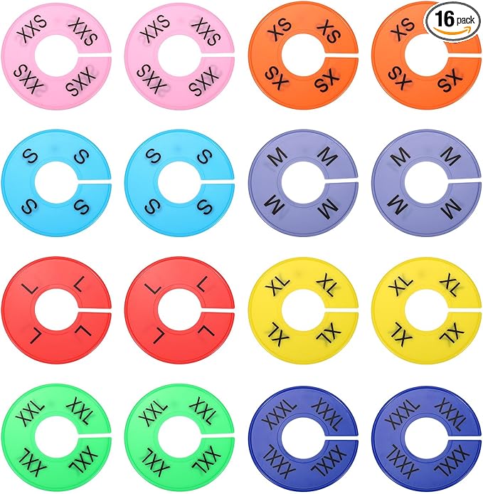 uxcell Clothes Dividers,16 Pack Round Closet Rack Dividers Clothing Rack Size Dividers Blank Labels with 8 Size Reusable for Hanging Clothes Sorting Size, Colorful