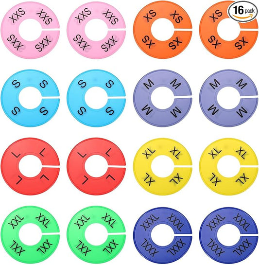 uxcell Clothes Dividers,16 Pack Round Closet Rack Dividers Clothing Rack Size Dividers Blank Labels with 8 Size Reusable for Hanging Clothes Sorting Size, Colorful