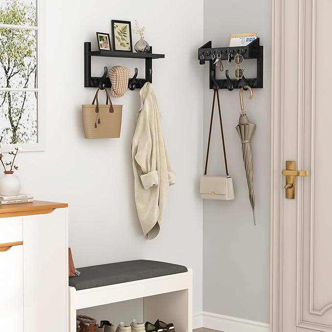Evermagin 29" Coat Rack Wall Mount with Shelf, 4 in 1 Coat and Key Hanger with 11 Metal Hooks, Entryway Wall Mounted Shelf with Mail Holder for Living Room, Bedroom, Black