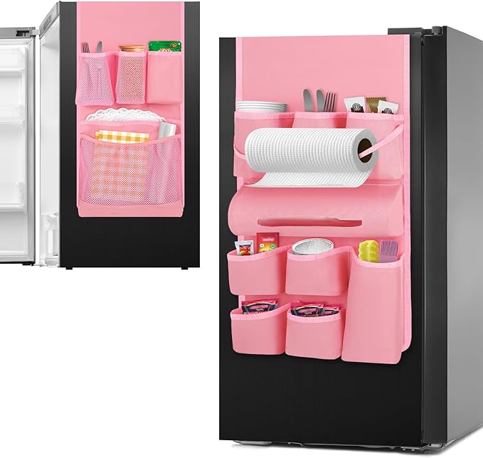 Weysat Mini Fridge Organizer Dorm Essentials Dust Cover with 14 Pockets for Most Household Refrigerators Hanging Mini Fridge Caddy Organizer Storage Bag for Dorm Office Kitchen Home School