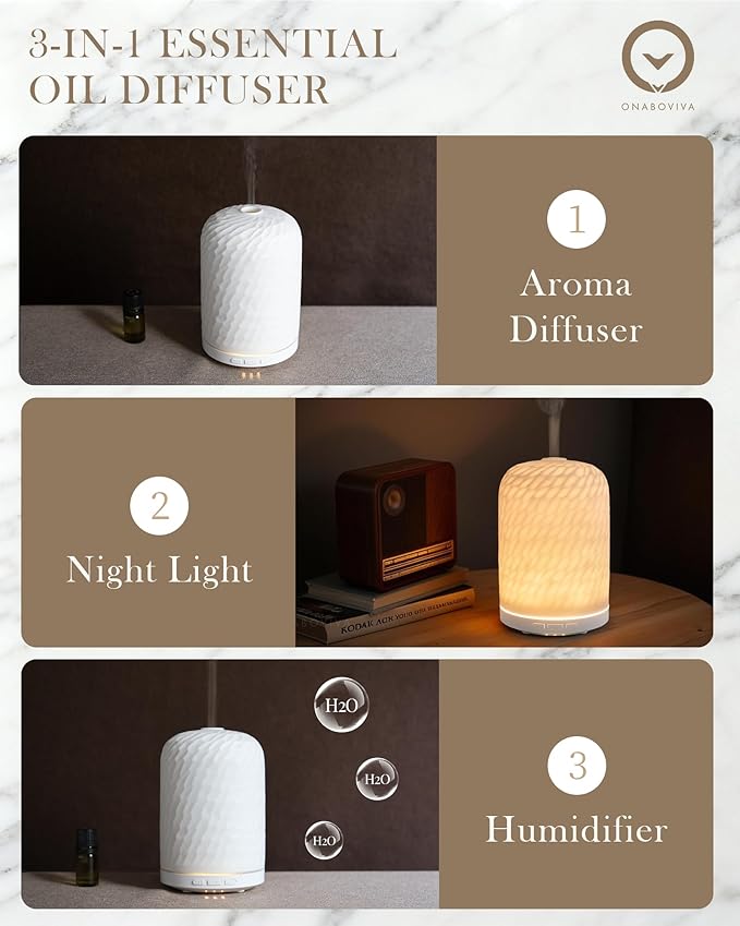 Essential Oil Diffuser - 2.4MHz Ultrasonic Ceramic Diffuser for Home, 120ml, Pulse&Continuous Mist, Bright/Dim/Breathing Lighting, Waterless Auto-Off, Aromatherapy Diffuser with USB Cable