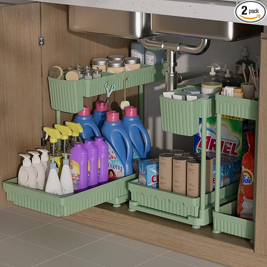 3 Pack Multi-Purpose Under Sink Organizers and Storage, 2026 L-Shaped Pull Out Cabinet Organizer for Bathroom & Kitchen, Under Cabinet Organizer with Hooks Hanging Cup (Green, 12.85 inch)