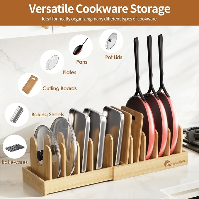 Housolution Bamboo Pot and Pan Organizer for Cabinet, 15"-29" Expandable Pot Lid Organizer with 10 Adjustable Dividers, Pan Holder Storage Rack for Cutting Board, Baking Tray and Cookie Sheet
