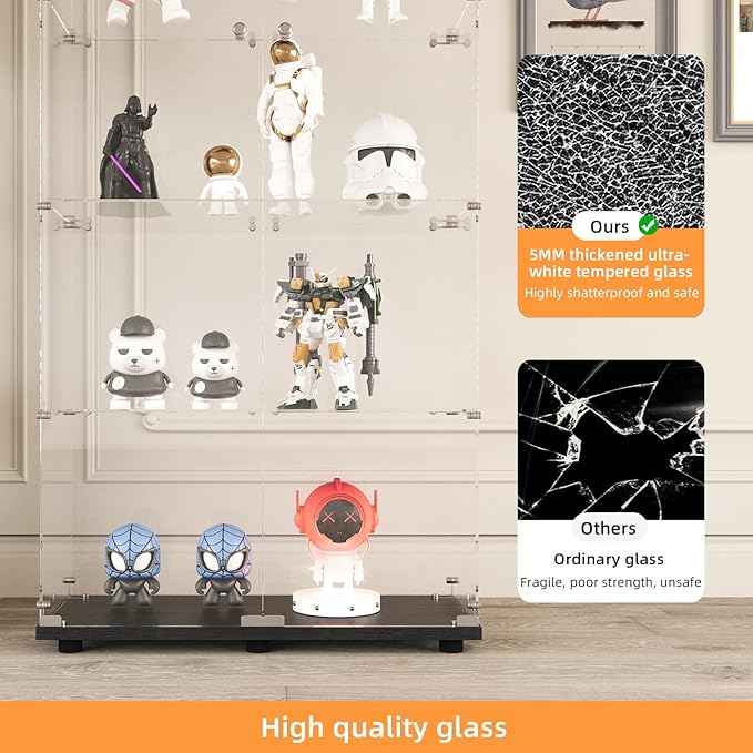 LFT HUIMEI2Y Glass Display Cabinet with LED Lights and Lock, 2 Door Curio Cabinets, Tempered Glass Collection Display Showcase for Bedroom, Living Room 65” Black