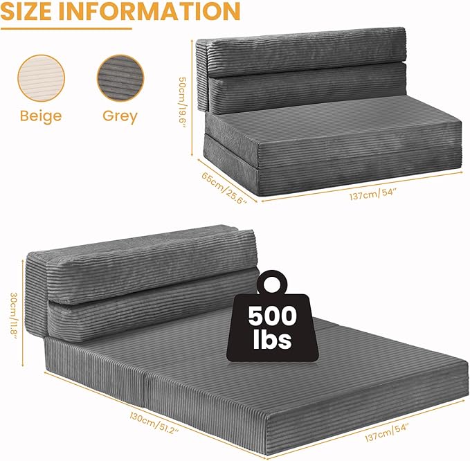 Folding Mattress Full Size, 3 in 1 Convertible Sofa Bed Fold Out Couch Bed Floor Couch Lounge Sleeper Mattress for Living Room, Guest Room, High-Density Memory Foam 5'' Thickness, Grey