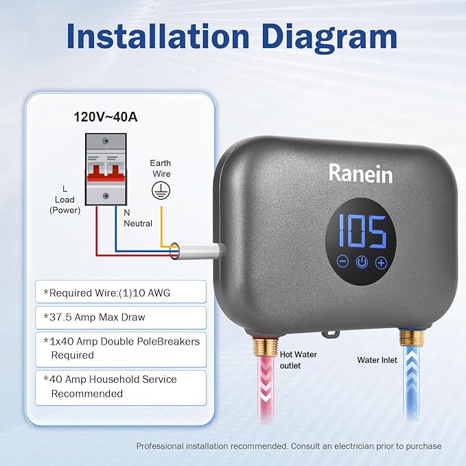 Gen II Ranein Electric Tankless Water Heater, 4.5 kW, 110v, On Demand Instant Endless Water Heater with LED Display, Point of Use, Compact Under-sink Design for Bathroom and Kithcen