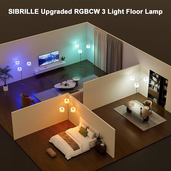 36W RGB Arc Floor Lamp with 3 Fabric Shades, 3000LM Super Bright Standing Lamp with Remote Control & Touch, Stepless Dimming, Individual Light Control for Living Room, Bedroom