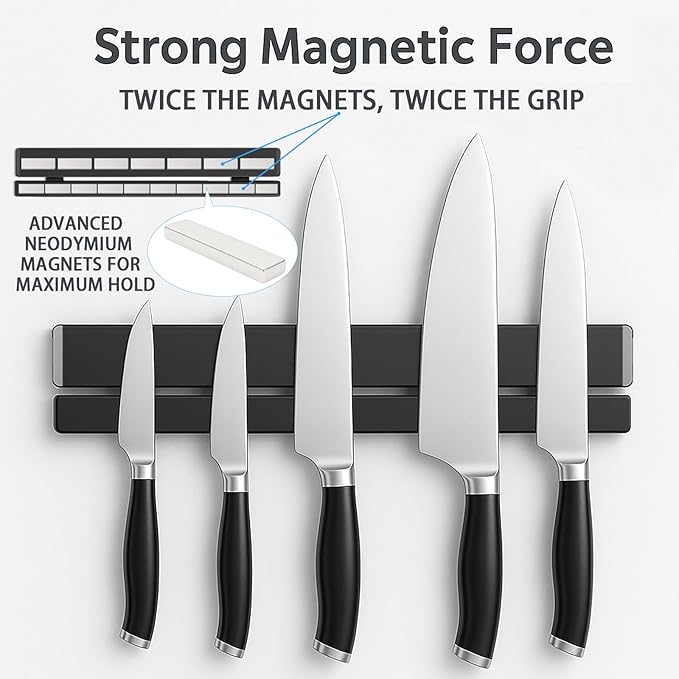 TOUKA 12 Inch Magnetic Knife Holder in Black, 304 Stainless Steel – Double Rods with 6 Hooks for Maximum Strength, No-Drill Adhesive & Screws for Easy Wall Mount