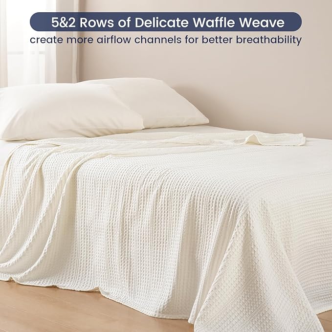 PHF Lightweight Waffle Weave Blanket Queen Size 90"x 90", Soft Woven Summer Blanket for Hot Sleepers - Aesthetic Home Decor for Couch Bed Sofa, Pet Friendly, Cream