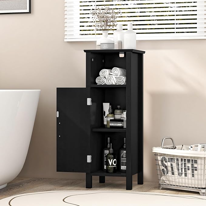 HAPPYGRILL Bathroom Floor Cabinet, Narrow Organizer Console Table Nightstand w/Adjustable Inner Shelves, Freestanding Storage Cabinet for Living Room Kitchen Entryway (Black)