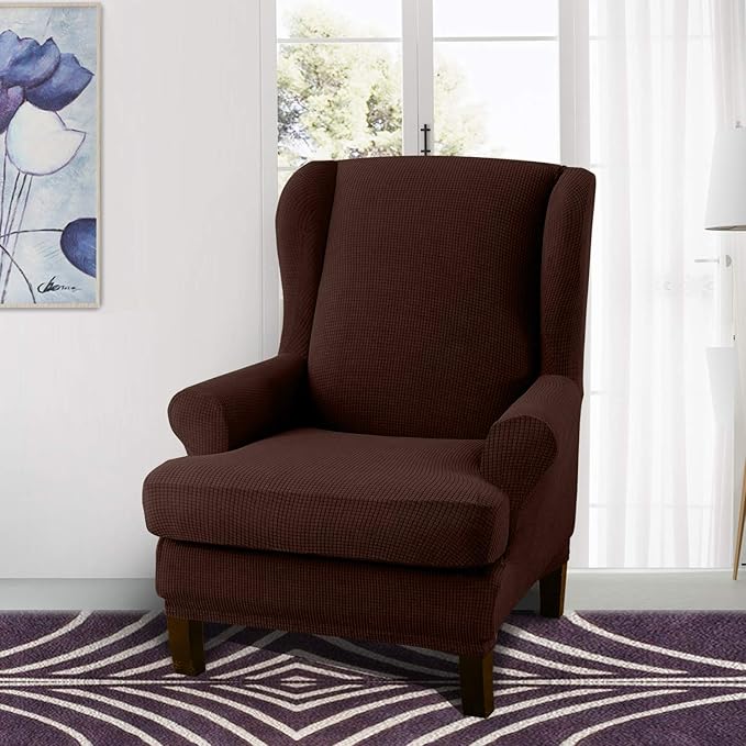 Granbest Premium Water Repellent Wingback Chair Cover 2-Piece High Stretch Jacquard Fabric Wing Back Chair Slipcovers (Wing Chair Cover, Chocolate)