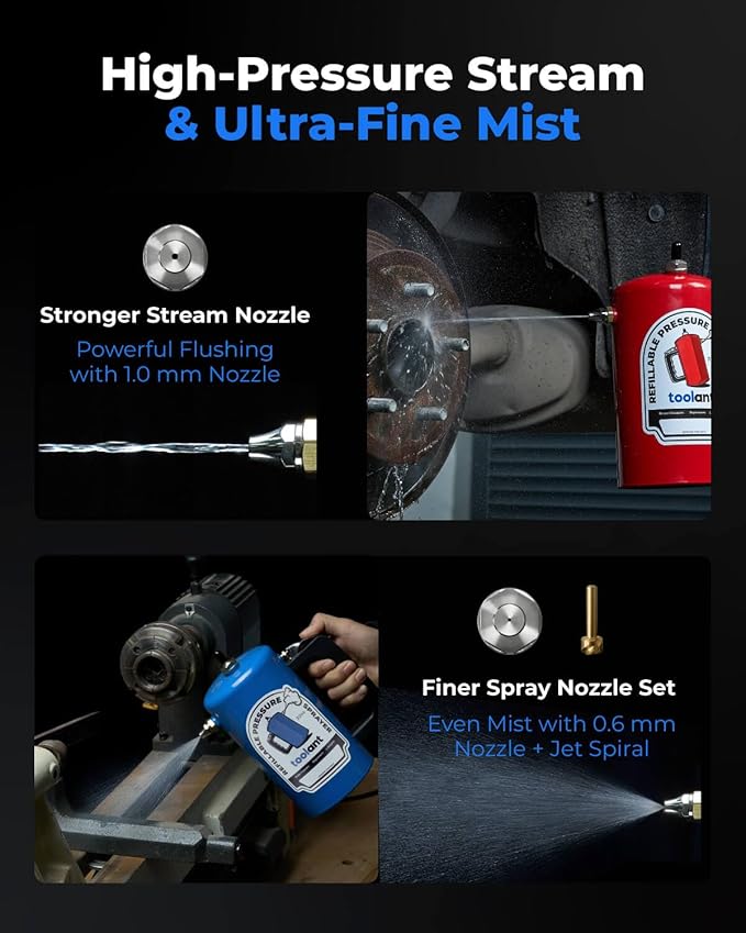 toolant 32 oz Refillable Pressurized Sprayer, Steel Canister, Rust-Resistant Lining, Needle Valve Leak-Resistant, 1.0/0.6 mm Nozzles, Funnel Included, 200 PSI Max, for Brake Cleaner & Solvents, 2 pcs