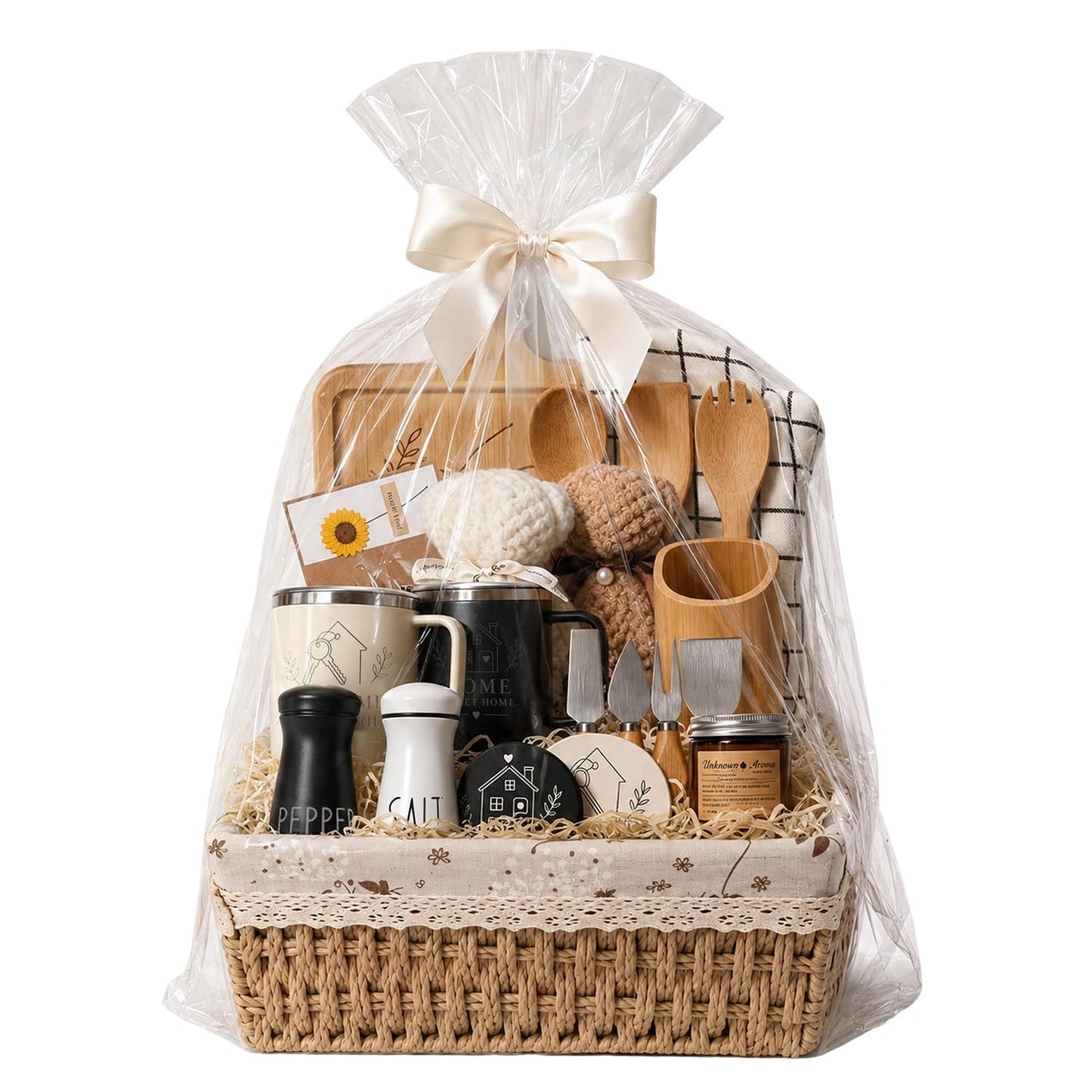 24 Piece Housewarming Gift Basket, New Home Gifts for Couples, Women and Men, New Homeowners, with Insulated Mugs, Charcuterie Board, Kitchen Essentials, Realtor Closing Gift