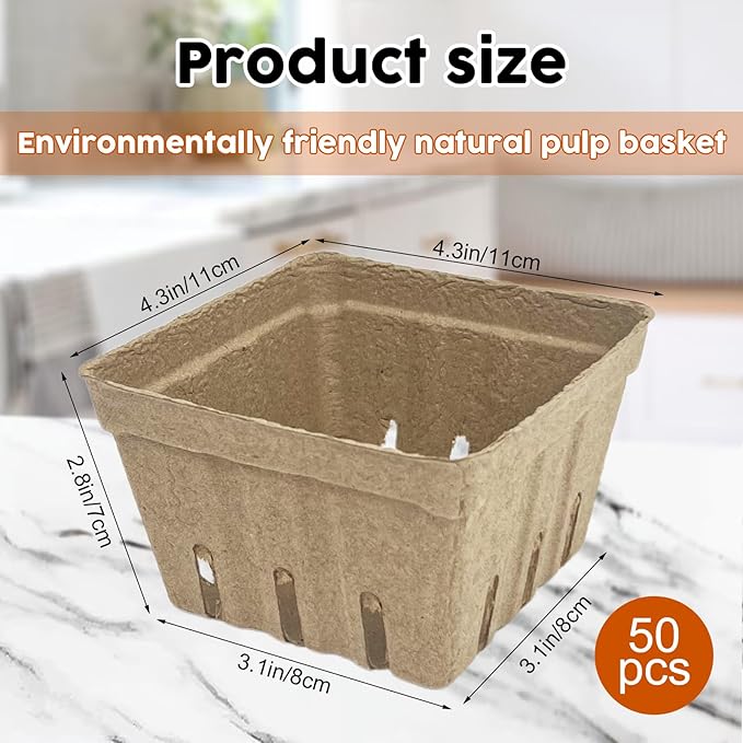 50 Pcs Natural Pulp Fiber Berry Basket, Molded Berry Basket Produce Vented Container for Strawberry Blueberry Raspberry and Vegetable Small Farmer Market Grocery Stores, Backyard Party 4.3x4.3x2.8inch