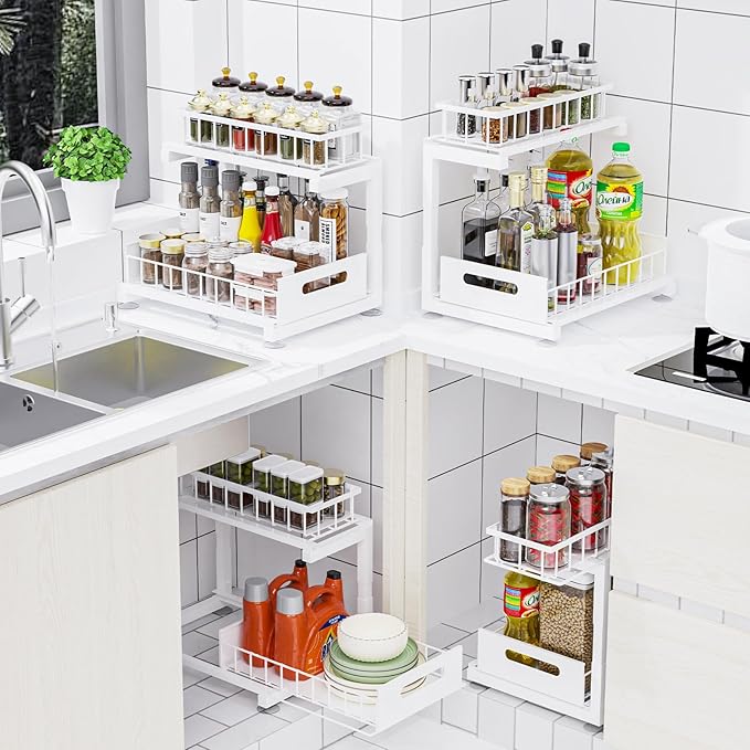 Under Sink Organizer, Heavy Duty Metal Slide Out Sink Shelf Organizer Height Adjustable, Multi-Purpose Storage Shelf for Kitchen Bathroom (White,2Pack)