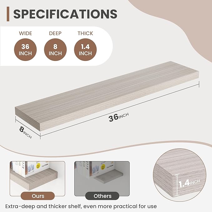 36 Inch Floating Shelves, 8 Inch Deep Floating Shelves for Wall, Hanging Shelf with Invisible Brackets, Deep Shelves for Bathroom, Bedroom, Living Room, Grey, Set of 2
