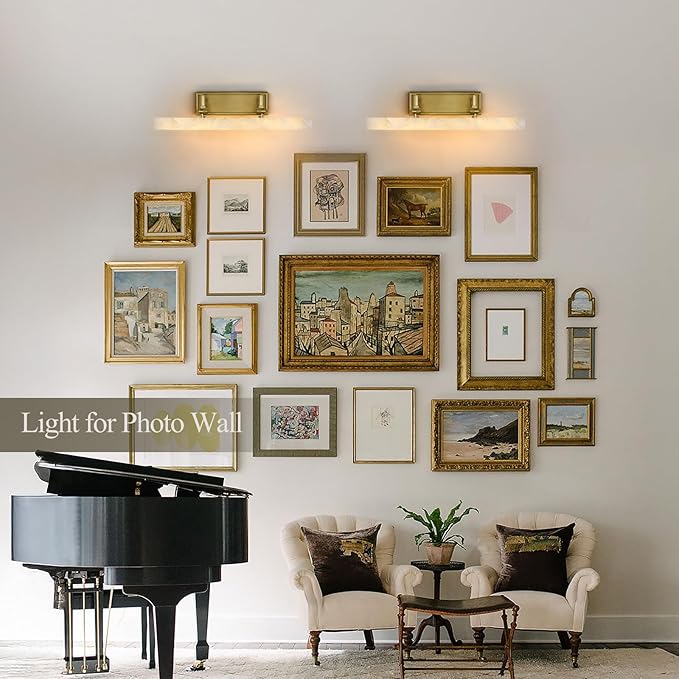 Alabaster Vanity Lights, 20in Marble Bathroom Vanity Sconces, Modern Wall Picture Lights Hardwired, Dimmable Brush Gold Art Light, Brass Picture Frame Light for Artwork Poster Library Photo Display