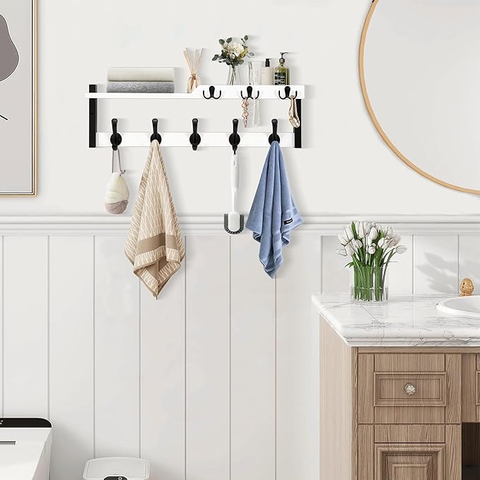 4 in 1 Coat Rack Wall Mount with Shelf, Coat Hooks 25.2" Entryway Coat Hanger with Key Hooks and Mail Holder, Wall Hooks with Shelf, Hat Rack for Wall Key Holder Mail Organizer