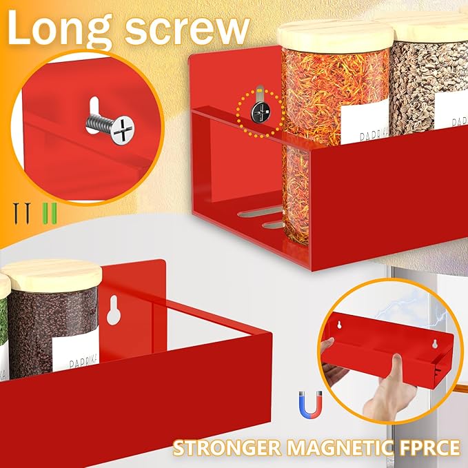 Magnetic Spice Rack for Refrigerator, 4 Pack Magnetic Shelf with 1 Hook Magnet Spice Storage Rack Seasoning Organizer with Screw for Oven Fridge(Red, 4Rack&1Hook)
