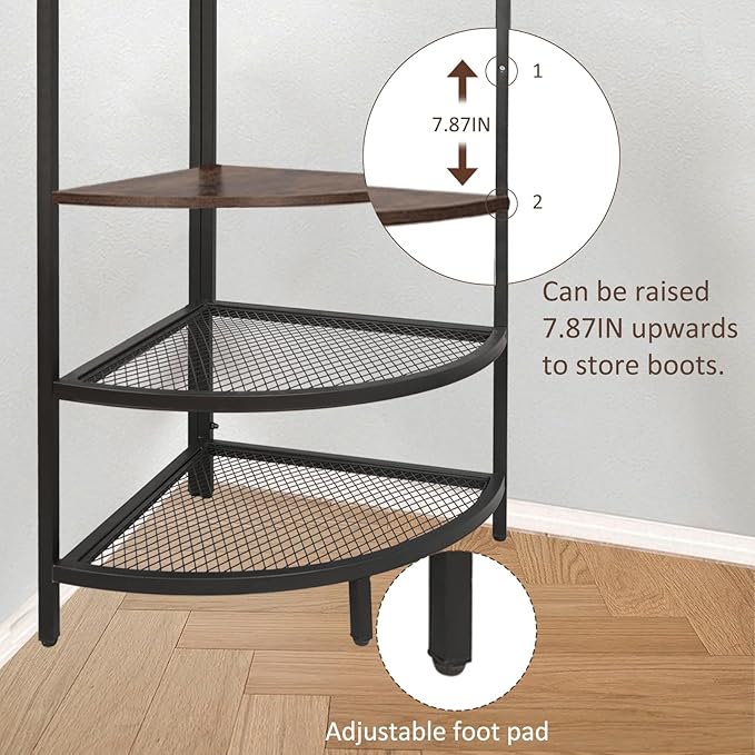 Corner Coat Rack, Hall Tree with Bench and Shoe Storage, Wood Entryway Organizer with 14 Metal Hooks, Freestanding Corner Shelves for Entryway, Hallway