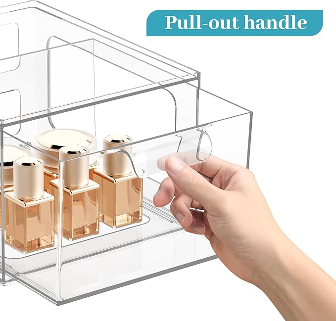 6 Pack Stackable Plastic Makeup Organizer Drawers, Acrylic Organizers, Clear Storage Bins with Pull-Out Handles for Vanity, Kitchen Cabinets, Pantry