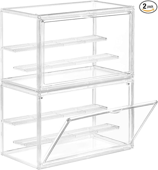 Clear Acrylic Display Case for Collectibles - 3-Tier Adjustable Figure Display with Magnetic Door & Removable Shelves,Stackable Dispaly box for Figures - 2 Pack