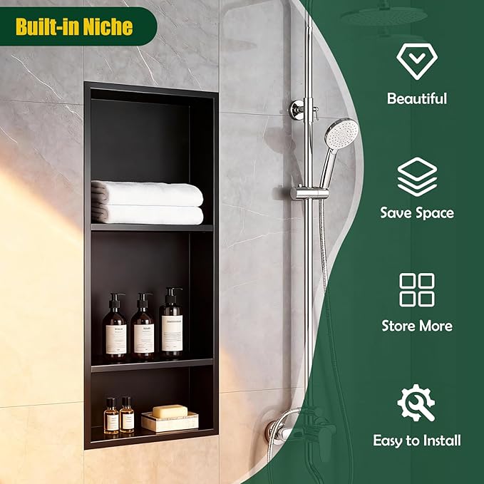 EasyVibe 3-Tier Matte Black 304 Stainless Steel Shower Niche 30 x 12 Inch, No Tile Needed Triple Shelf Recessed Wall Organizer, Pre-Finished Large Storage Insert for Shower & Kitchen