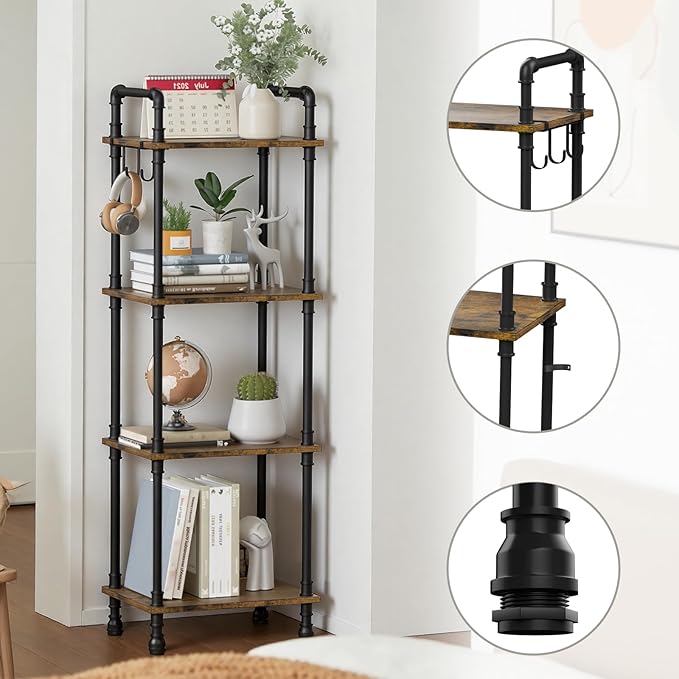 Aduanbang 4-Tier Industrial Pipe Ladder Shelf, Vintage Style Bookshelf, Freestanding Storage Rack Organizer for Living Room, Bedroom, Kitchen (Brown(4-Tier))