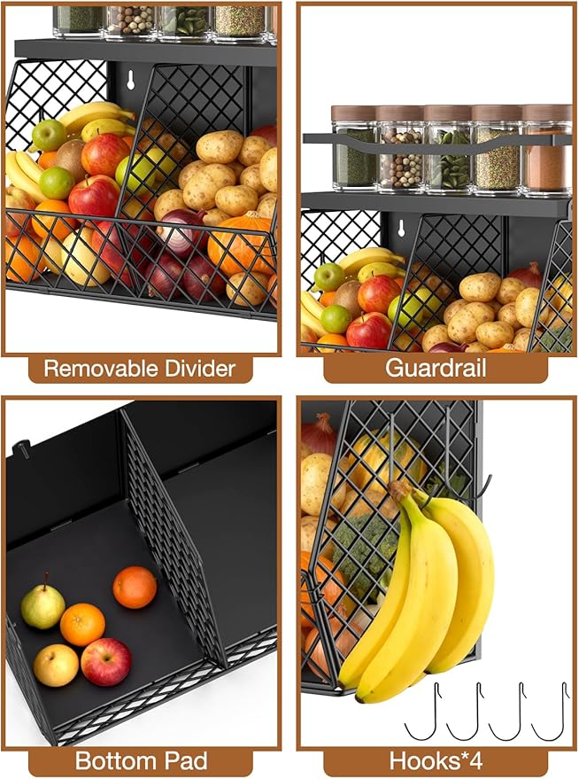 3-in-1 Magnetic Fruit & Vegetable Basket with Spice Rack Shelf for Fridge - Wall Mount Countertop Kitchen Wire Storage Organizer for Produce Potato Onion, Kitchen Essentials and Decor, Black