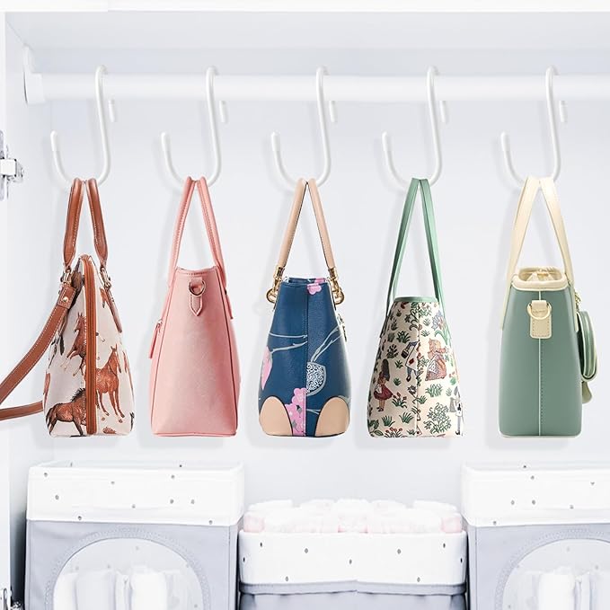 HiGift 16 Pack Bag Hooks for Closet, Unique Twist Design White Vinyl Coated Purse Hanger Organizer Hooks, Large Closet Hooks Purse Organizer Holder for Hanging Purses,Handbag,Belt,Hat,Backpack,Jeans