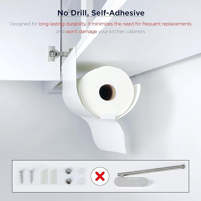 Paper Towel Holder - Under Cabinet, No-Drill Self-Adhesive Hanging Rack, Easy Tear, Space-Saving Sleek Metal Kitchen Roll Dispenser, Wall-Mount Look, Kitchen Storage & Organization - White