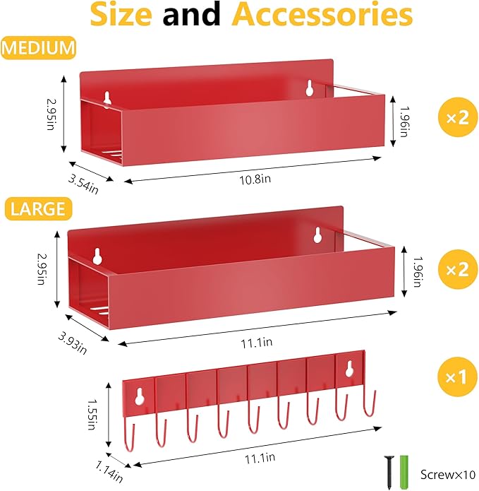 Magnetic Spice Rack for Refrigerator, 4 Pack Magnetic Shelf with 1 Hook Magnet Spice Storage Rack Seasoning Organizer with Screw for Oven Fridge(Red, 4Rack&1Hook)
