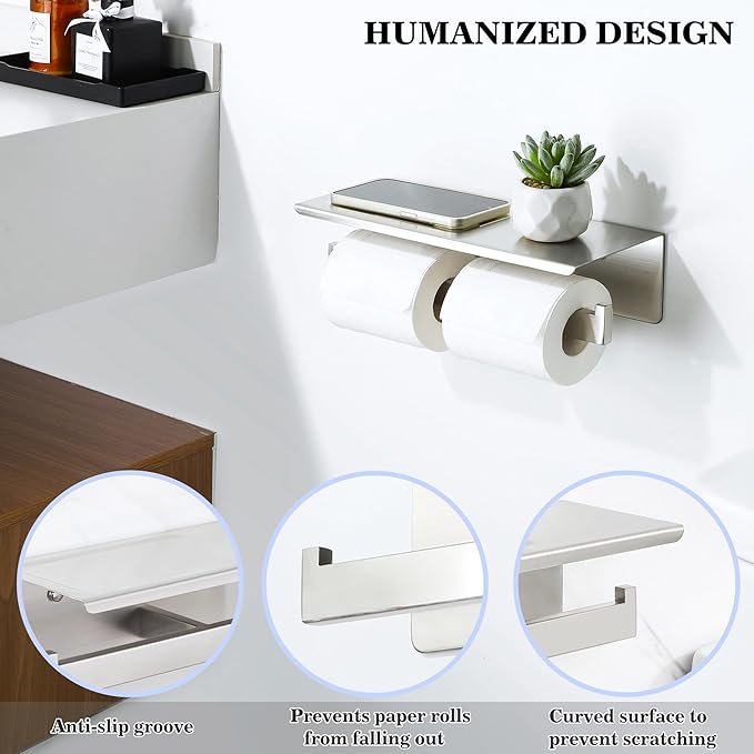 Alise Double Toilet Paper Holder,Bathroom Tissue Holder with Shelf,SUS304 Stainless Steel Toilet Paper Roll Holder Storage Dispenser,Self Adhesive or Wall Mount Drilling Paper Rack,Brushed Nickel