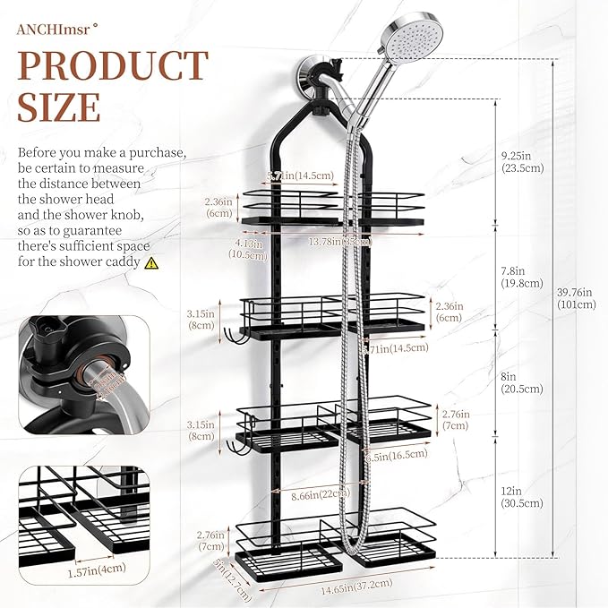 Adjustable Hanging Shower Caddy for Handheld Showerhead, 4-Tier Rustproof Shower Rack Baskets, Anti-Swing Hanging Shower Organizer for Bathroom Storage with 2 S-Hooks, Large Capacity, Black