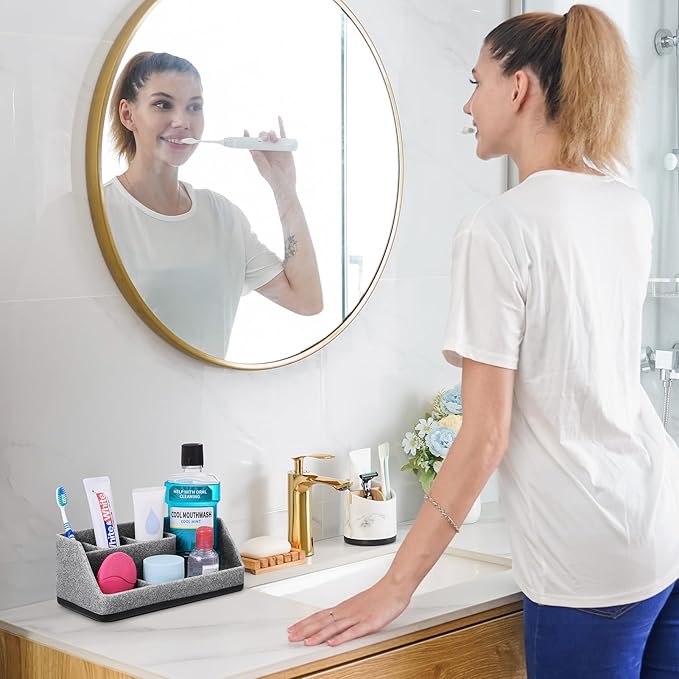 VITVITI Toothbrush Holder for Bathroom, Bathroom Organizer Countertop, Bathroom Accessories with 5 Compartment Storage for Toothpaste/Vanity Counter, Gray Resin of Marble Color