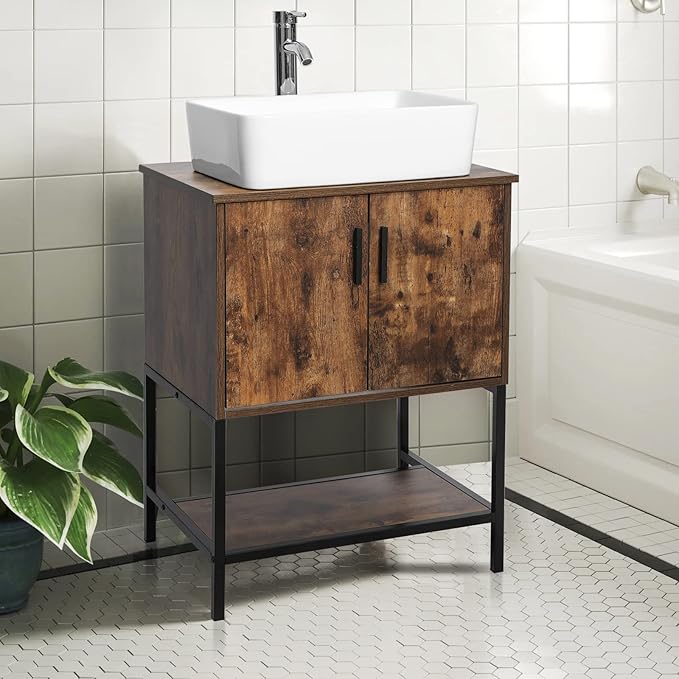 eclife 24" Bathroom Vanity Sink Combo Modern Metal Stand Cabinet W/Bottom Shelf White Rectangle Vessel Sink & Water Save Faucet & Pop Up Drain, Rustic Brown (T03)
