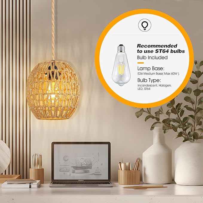 SLYYMY Plug in Pendant Light, 15FT Hemp Rope Cord, Hanging Lamps Rattan Pendant Light, On/Off Switch Hanging Lights for Bedroom Living Kitchen