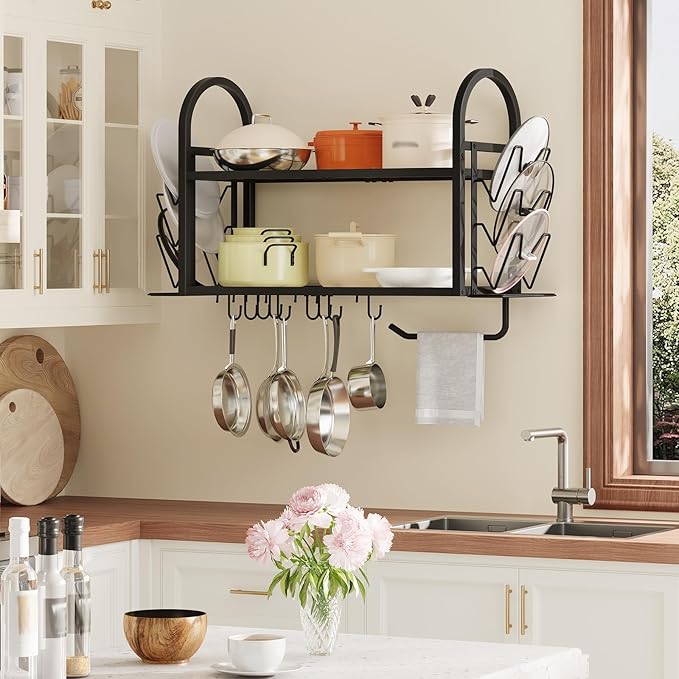 HOOBRO Pot Rack Wall Mounted, 2-Tier Kitchen Pot and Lid Organizer with 6 Lid Holders and 10 Hooks, Wall-Mounted Pot Rack with Towel Bar, for Kitchen Cookware Utensils Storage, Black BB100TL01