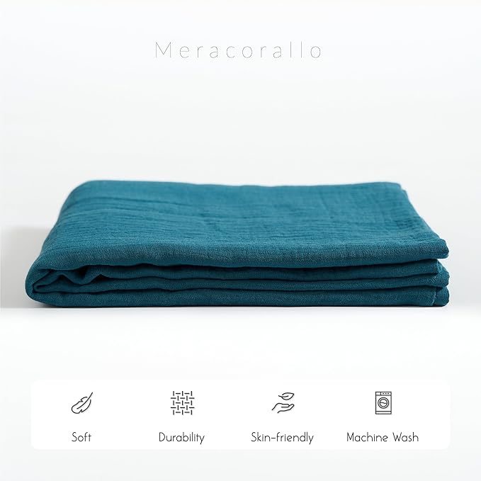 Meracorallo Muslin Swaddle Blanket, 100% Cotton Receiving Blanket Soft and Breathable Swaddle Wrap for Baby Boys and Girls, Teal Blue