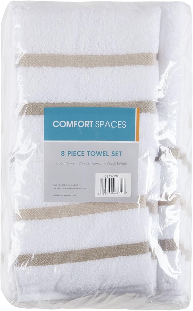 Comfort Spaces Cotton 8 Piece Bath Towel Set Striped Ultra Soft Hotel Quality Quick Dry Absorbent Bathroom Shower Hand Face Washcloths, Multi-Sizes, Zero Twist Taupe 8 Piece