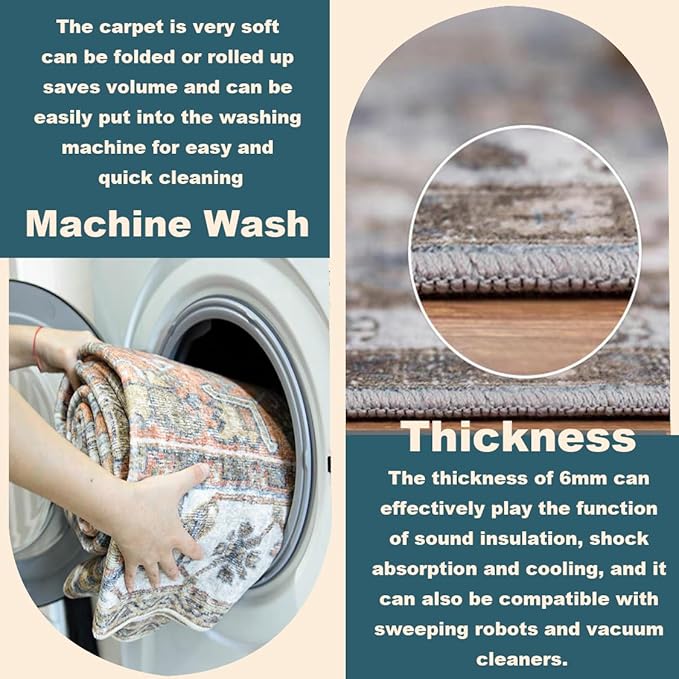 Washable Area Rug 9'x12' Beige Blue Boho Chic Medallion Distressed Design Non-Shedding Easy Care Ideal for High Traffic Areas in Living Room Bedroom Office Coffee Table Large Carpet