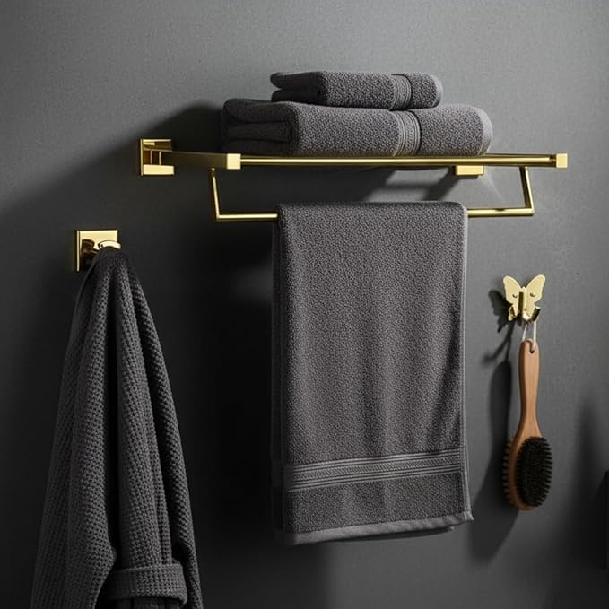 Roshan Handcrafted and Hand Polished Multi Purpose Towel Rack, SUS304 Stainless Steel Rust Proof and Peel Resistant Towel Shelf, Includes 2 Handmade Hooks (3, PVD Gold)