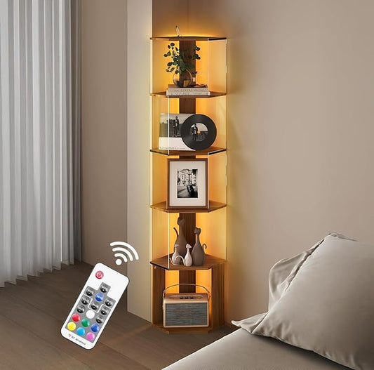 6 Tier Corner Display Rack with Light Clear Arylic Corner Shelves 63in Tall Cabinet with Dimmable LED Light for Display Curio Cabinet