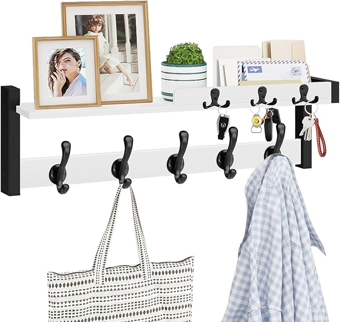 Homode Coat Rack Wall Mount, 29" Modern Floating Shelf with Key and Mail Holder, Wooden Entryway Hanging Shelf with Hooks and Storage for Hat Towel Jacket Purse Backpack Dog Leash, White