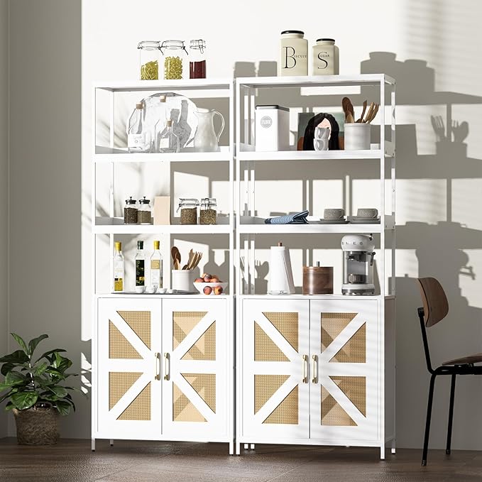 Kitchen Bakers Rack with Storage, 70.8'' Tall 5 Tier Farmhouse Pantry Cabinet with Rattan Doors, Industrial Kitchen Hutch with Large Microwave Storage Rack Freestanding Wine Cabinet Living Room, White