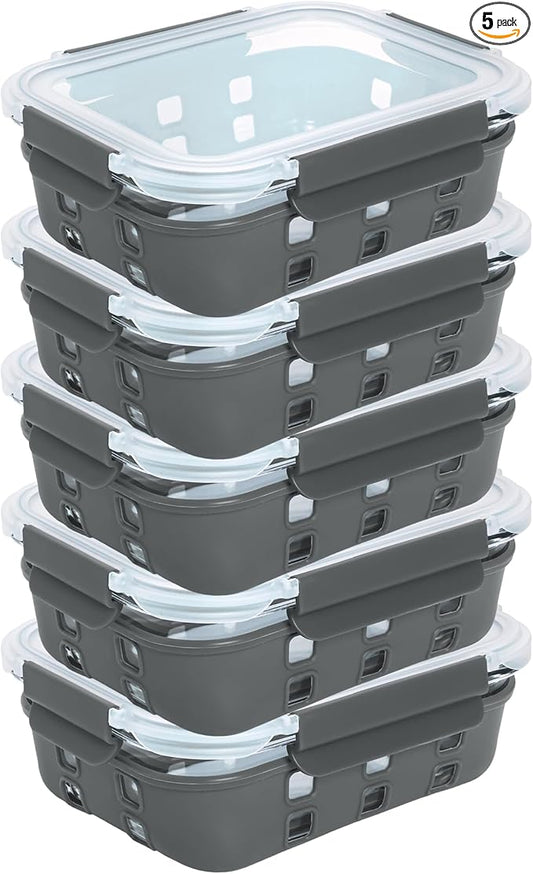 ECOBERI 4.5 Cup Glass Meal Prep Containers with Lids & Silicone Sleeves, 5-Pack Airtight, Leak-Resistant Food Storage Containers for Fridge, Freezer, Oven & Microwave