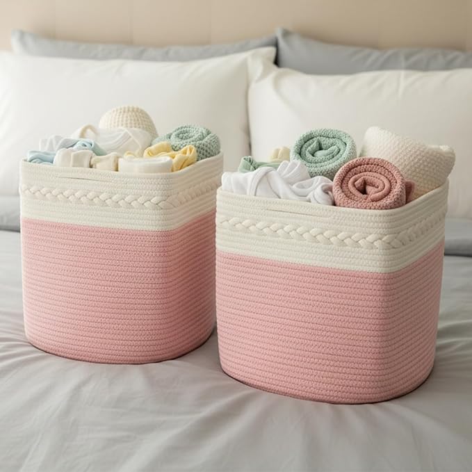 danpinera Storage Cubes, 13 Inch Cube Storage Organizer, 3-Pack, Cotton Rope Woven Baskets for Shelves Organizer, Classroom, Kitchen, Laundry, Closet, Baby Nursery, 13x13x13IN, White & Pink
