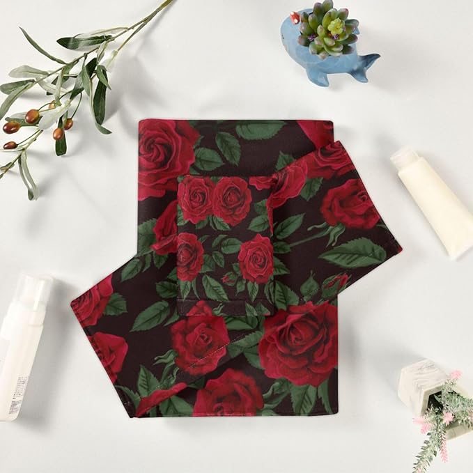 3 Piece Red Rose Floral Bath Towel Set,Microfiber Absorbent Decorative Vintage Flower Green Leaves Black Bathroom Towels,1 Bath Towel 1 Hand Towel for Bathroom Kitchen,1 Washcloth for Body Face