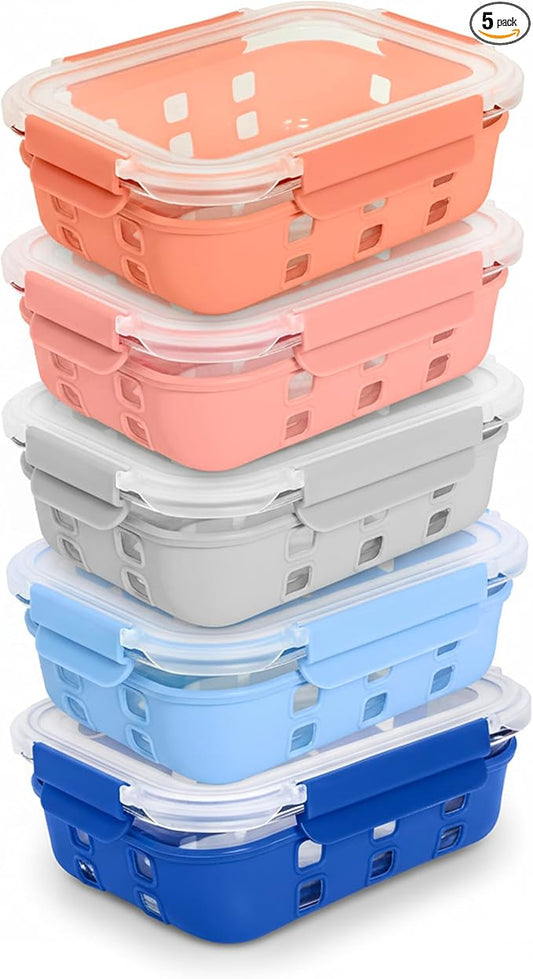 ECOBERI 4.5 Cup Glass Meal Prep Containers with Lids & Silicone Sleeves, 5-Pack Airtight, Leak-Resistant Food Storage Containers for Fridge, Freezer, Oven & Microwave