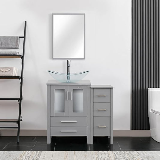 eclife 36" Modern Bathroom Vanity Sink Combo Freestanding Cabinet with Small Side Cabinet, Clear Boat Glass Vessel Sink, Water Save Faucet, Drain (Gray+A29TT)